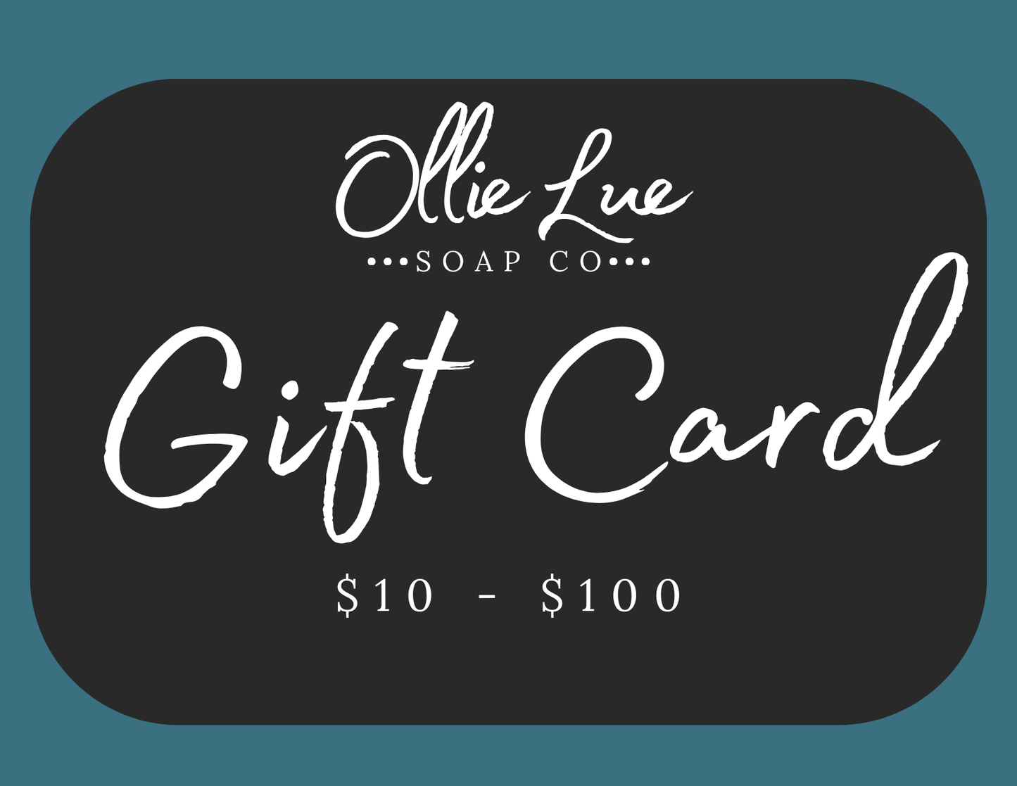 Ollie Lue Soap Co. gift card with a black border on a blue background