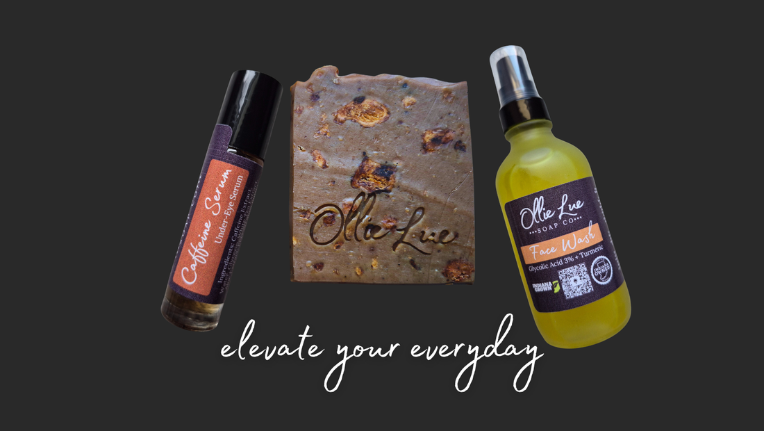 caffeine serum, bar of soap, and bottle of face wash on a dark background