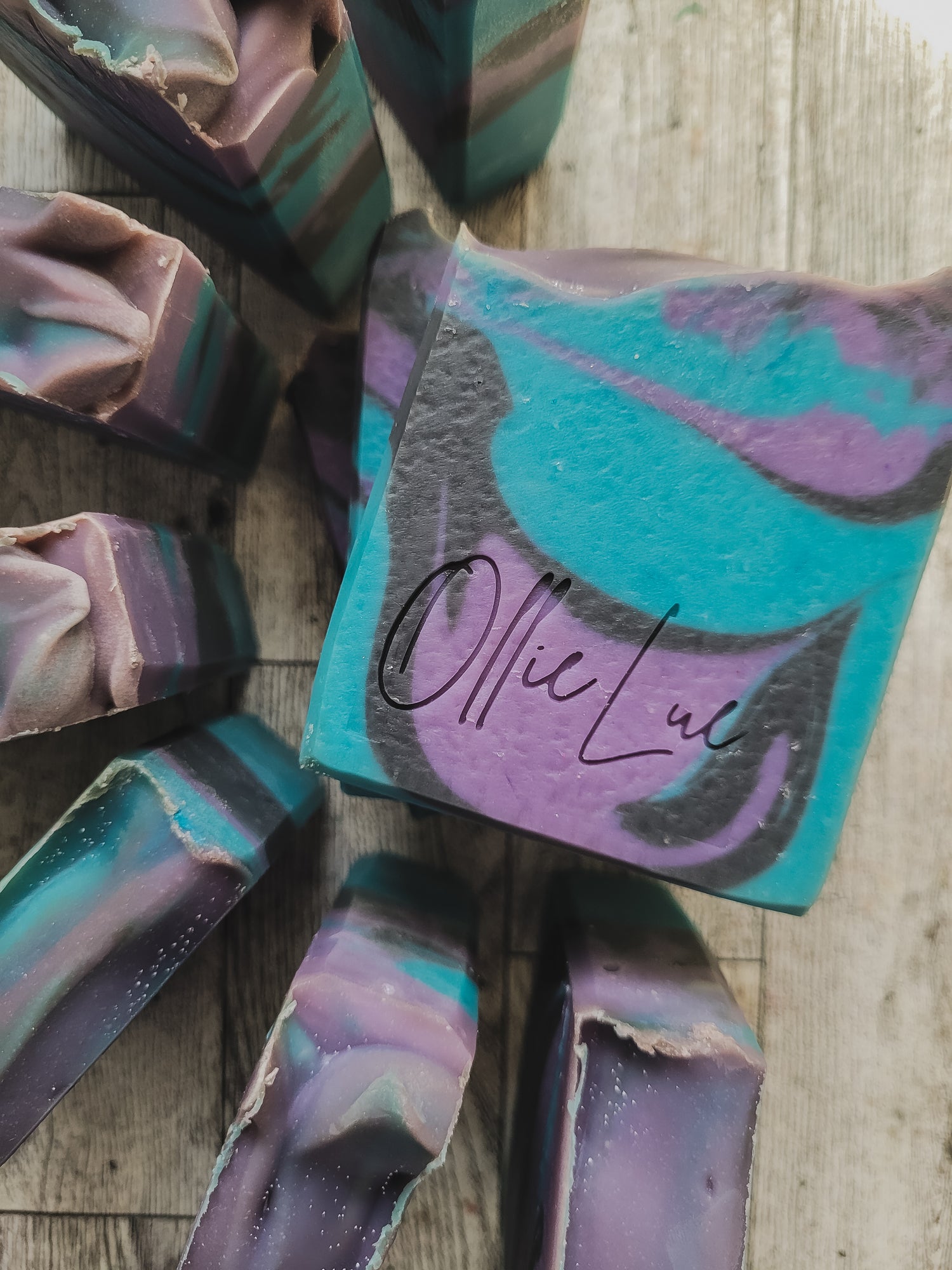 blue and purple soap branded 'ollie lue'