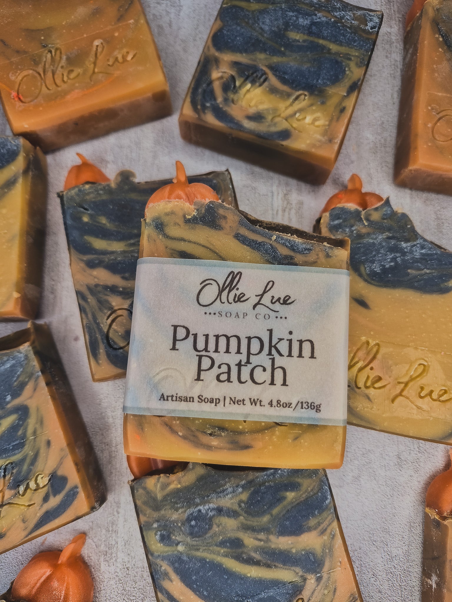 pumpkni patch labeled soap on a gray background