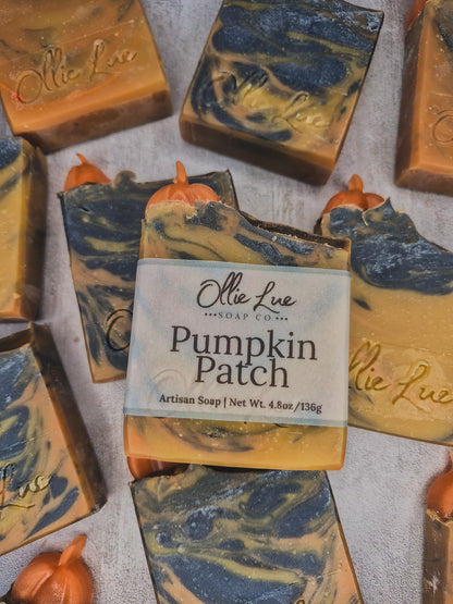pumpkni patch labeled soap on a gray background