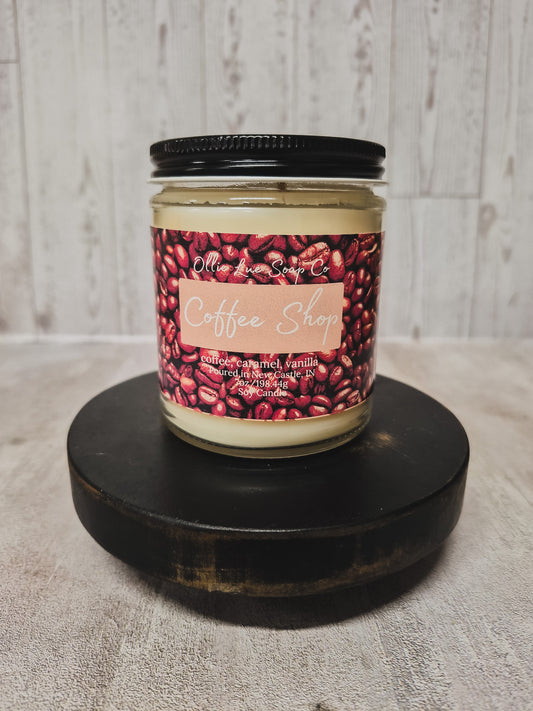 coffee shop candle label with coffee bean background