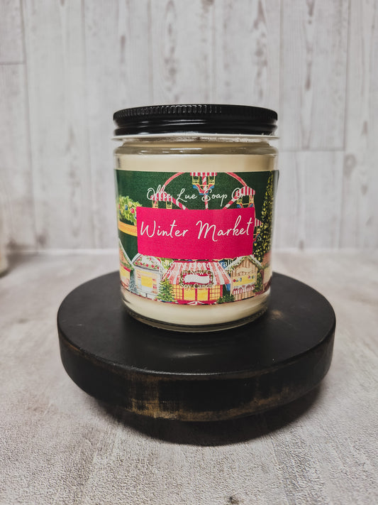 winter market label with a winter market village background