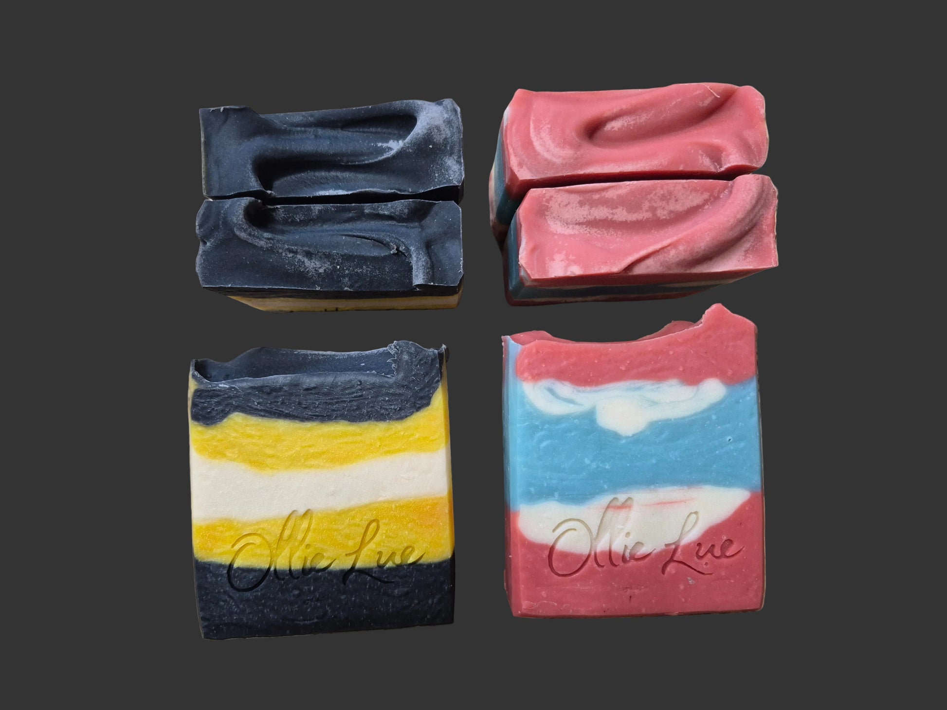 black and yellow soap and a red and blue soap on a dark background stamped ollie lue
