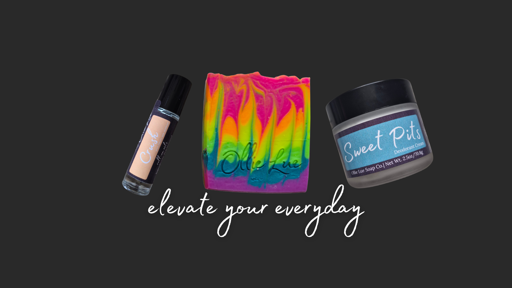 Three beauty products on a black background with text 'elevate your everyday'.