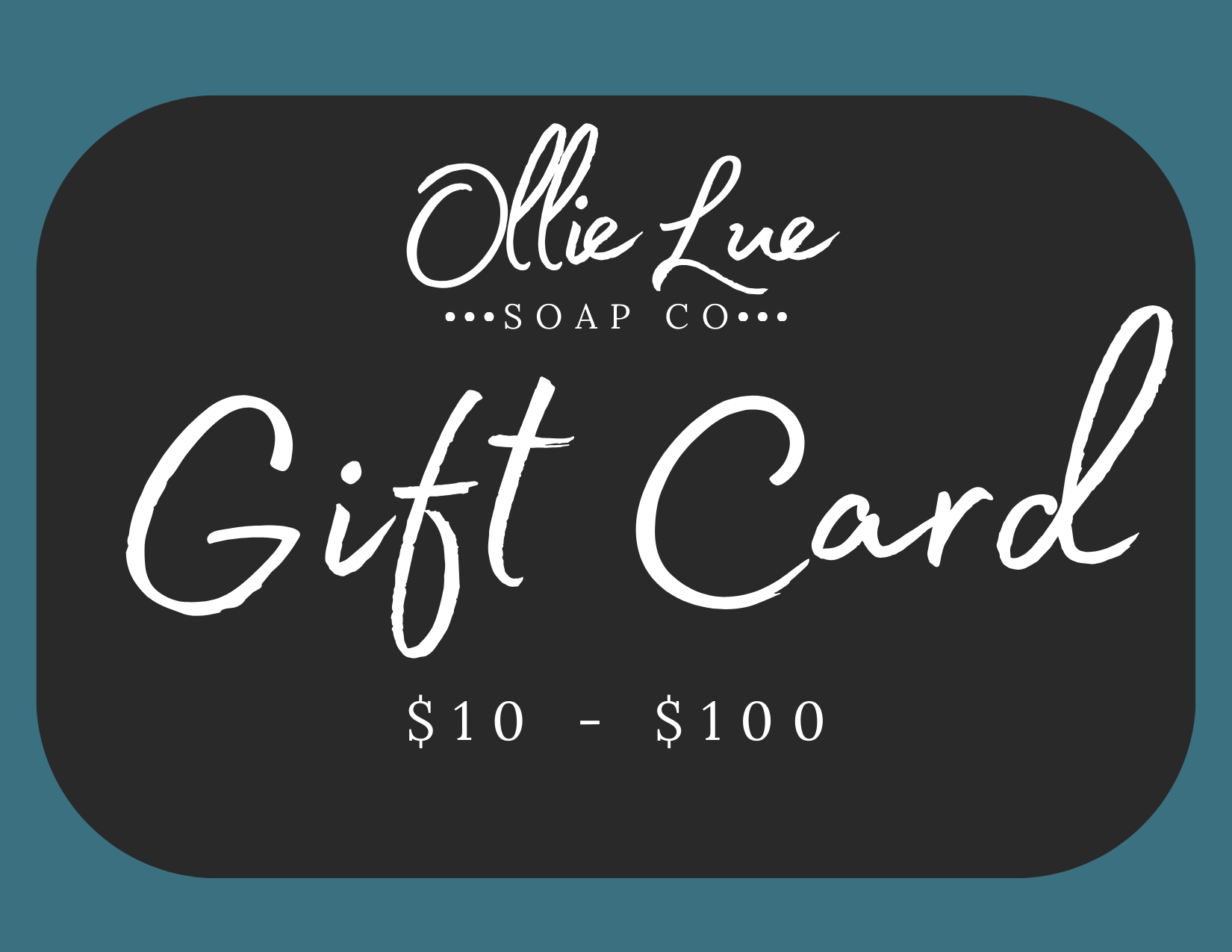 Ollie Lue Soap Co. gift card with a black border on a blue background