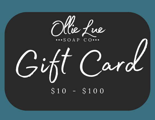Ollie Lue Soap Co. gift card with a black border on a blue background