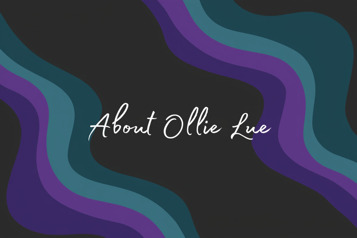Text 'About Ollie Lue' on a wavy, purple and teal background