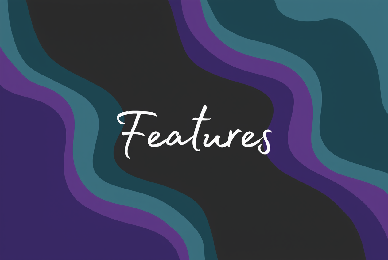 Text 'Features' on a wavy blue and purple gradient background
