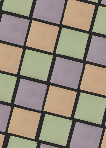 Checkered pattern with green, beige, and purple squares on a black background